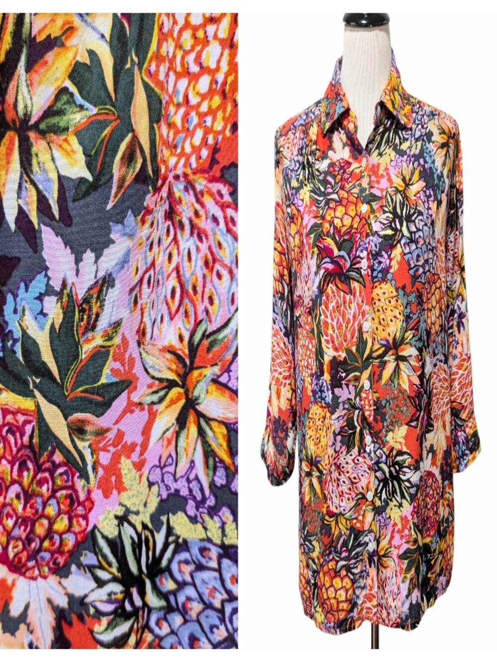 Serengeti Womens Size S Multicolor Pineapple Tropical Roll Tab Button Cotton Top